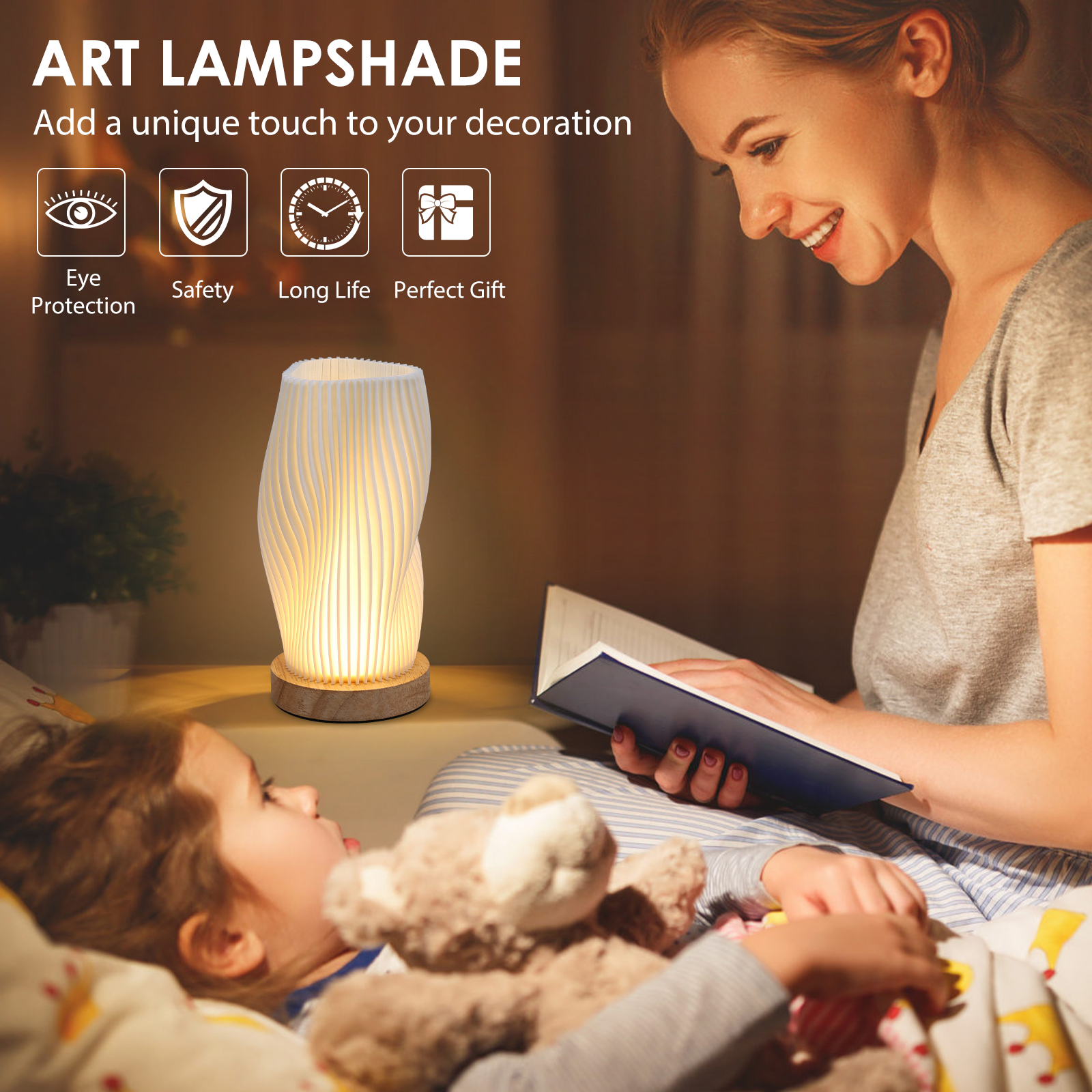 Nachttischlampe mit Holzsockel, Neuheit, kleine Nachttischlampe, Jahrgang-Stil, gestreift, kleine Nachttischlampe für Wohnzimmer