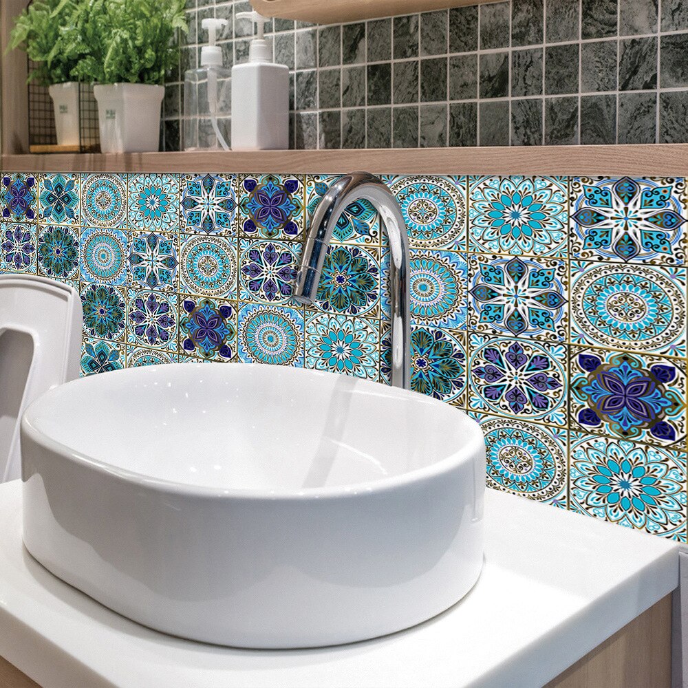 Dreamlike Blue Mandala Style Strips Tiles Wall Sticker Transfers Covers for Kitchen Bathroom Waterproof Peel & Stick Art Mural