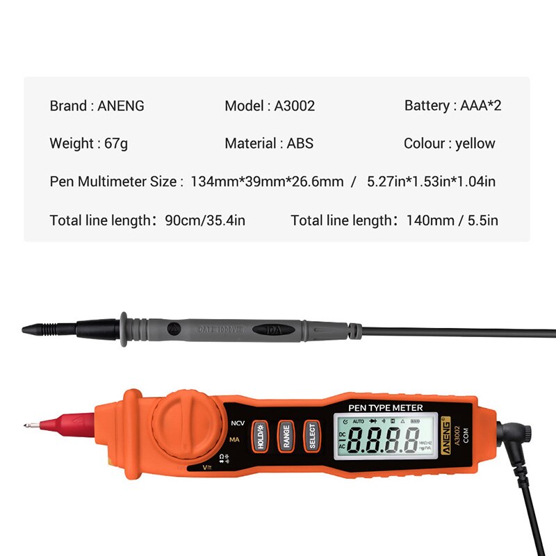 A3002 Digital Multimeter Pen Amp Clamp Type 4000 Counts with Non /DC Resistance Diode Continuity Tester