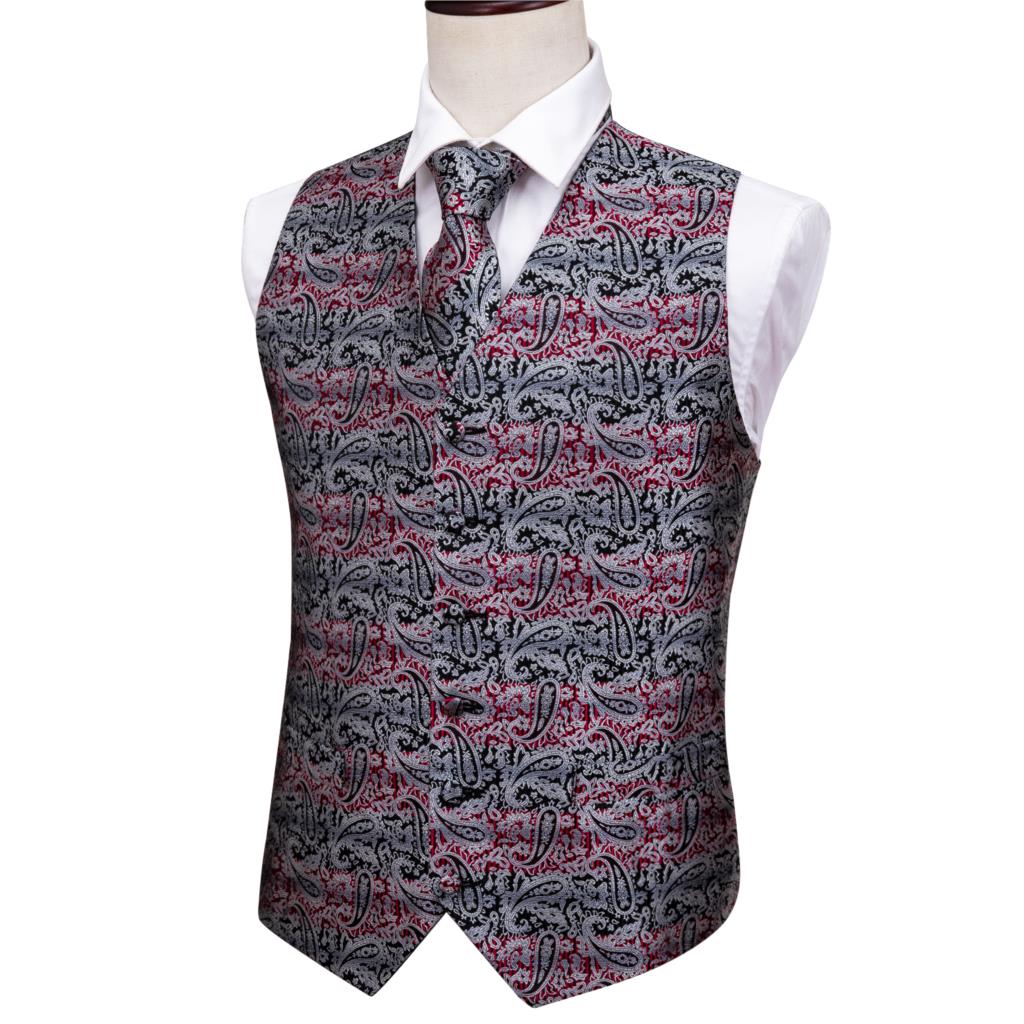 Mænd formel vest sommer veste med v-hals slik paisley slips grå slips lommetørklæde manchetknapper sæt til smoking barry.wang mj -2005