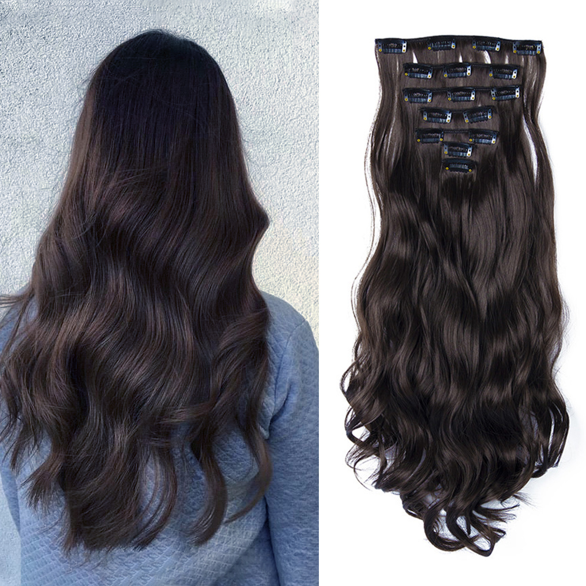 Extensiones de cabello con Clip, 7 Uds., cabeza completa, 22 pulgadas de largo, rizado, ondulado, sintético, Ondulado Natural para mujeres y niñas: #2