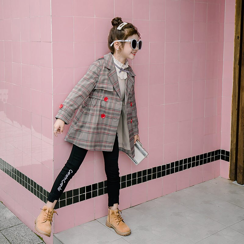 Kids Girl Overcoat Plaid Double-breasted Coat for Girls Teens Autumn Jacket Long Outerwear Children Windproof 4-13 Years