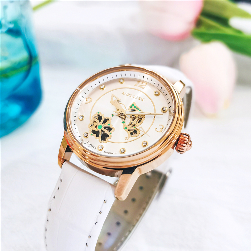 AOKULASIC Elegante dames automatische mechanische horloges Skeleton-horloges Dames luxe horloge van Waterdichte klok