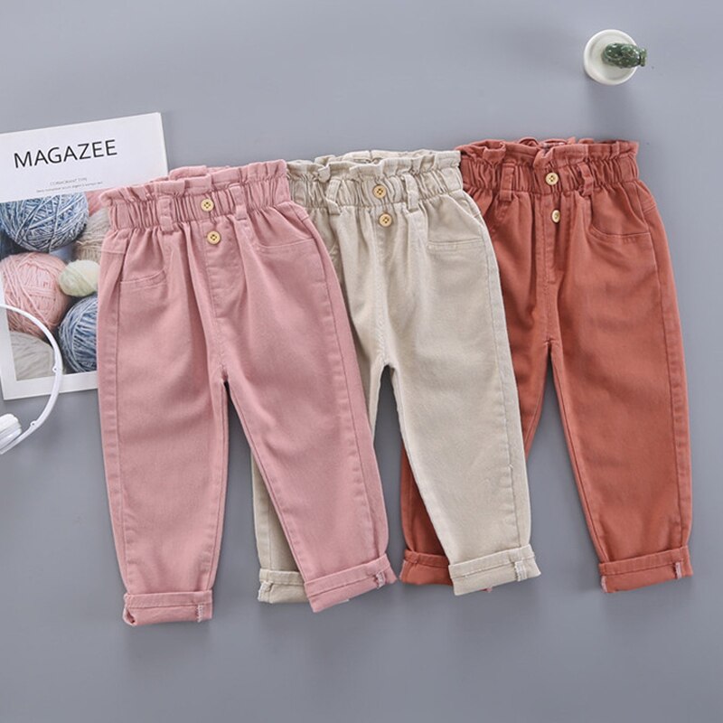 Calça infantil de cenoura, roupa infantil para o outono, calça casual de cor sólida para meninas, 2021