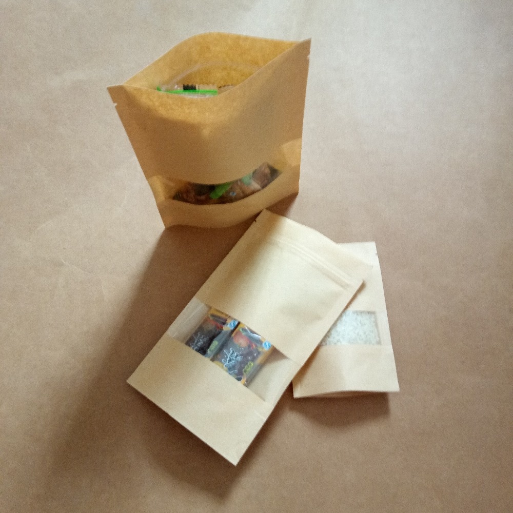 100pcs Zipper Kraft Bag Kraft Paper Bag For /Food/Candy/Party/Wedding Ziplock Bag With Window Stand Up Packing Bags