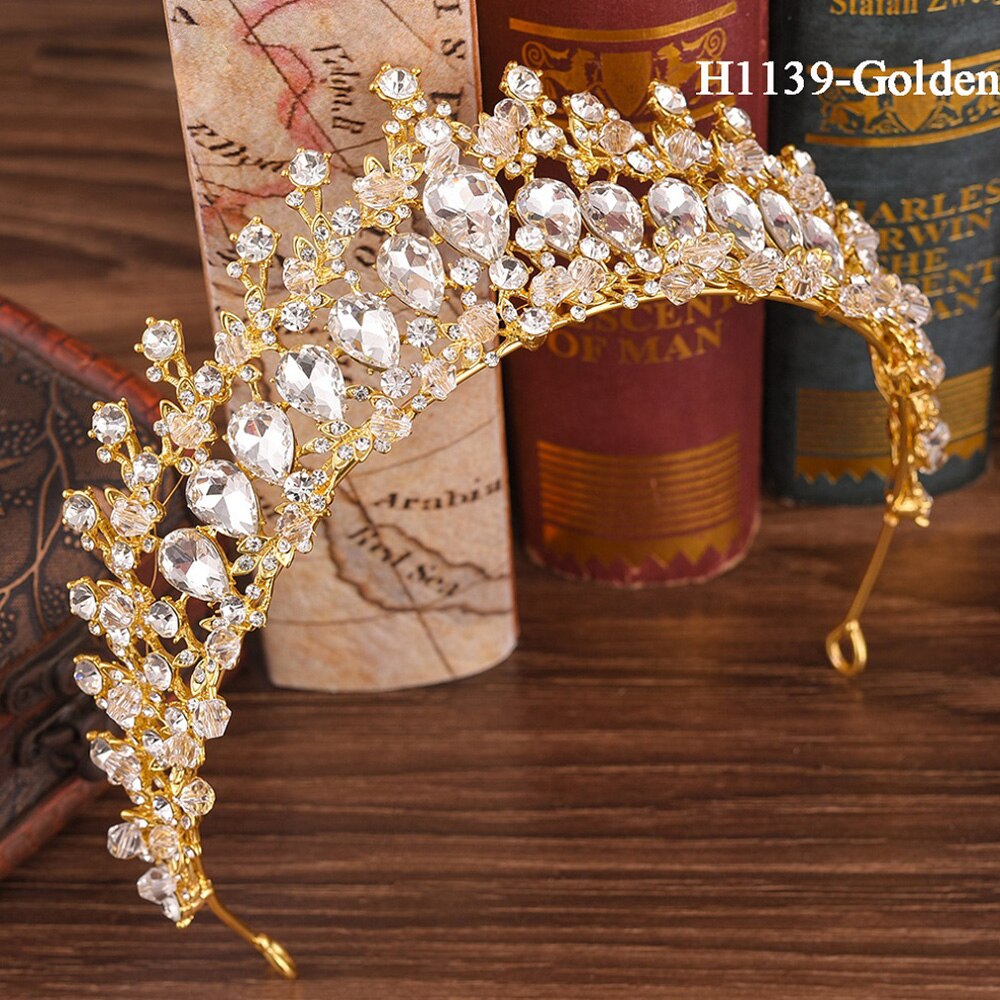 Traugel-couronne de mariée en or, diadème de luxe, couronne de mariage, accessoires de bijouterie pour femmes: H1139-Golden