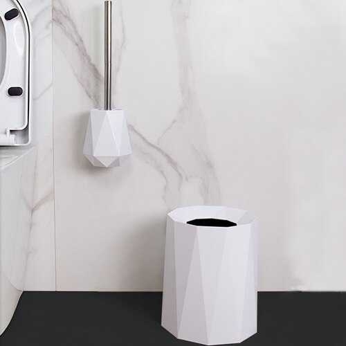 Poubelle de salle de bains en plastique doré, poubelle de luxe nordique murale ou sur pied, brosse de toilette en Silicone: White Set of 2