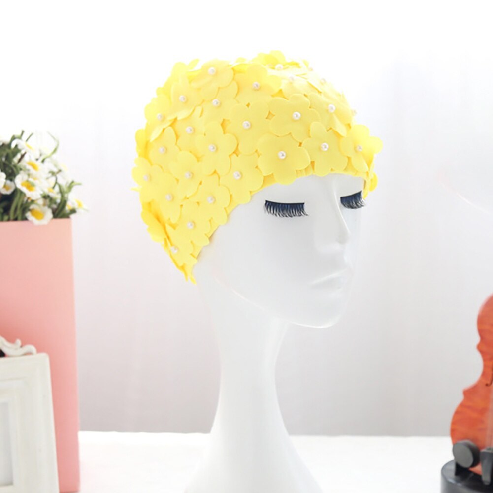 Flower Swim Cap 3D Bathing Flower Petal Pearl Long And Short Hair Swimming Cap Nylon Pure Color Handmade Hat Headgear: Y