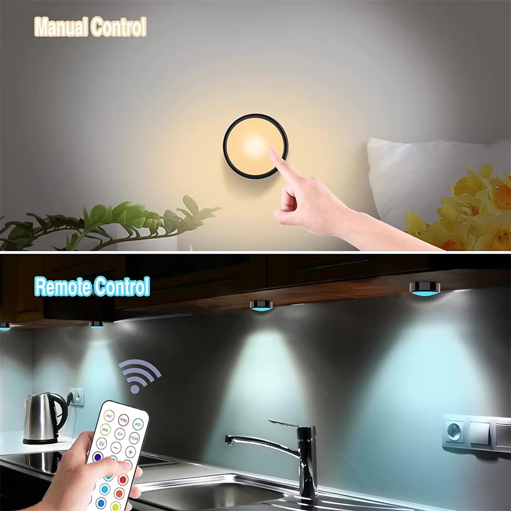 RGBW LED Puck luces nocturnas Control remoto regulable debajo del gabinete luz con pilas lámpara de empuje inalámbrica armario de cocina