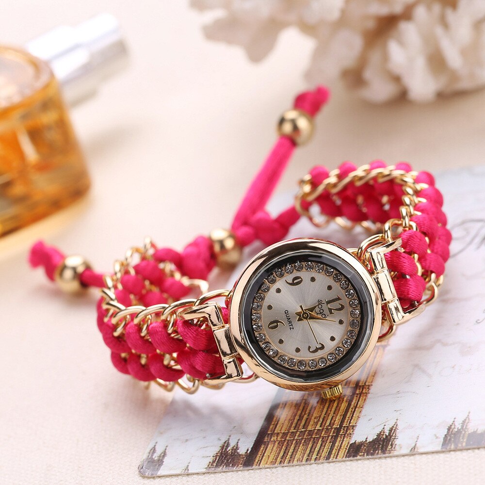 Women Knitting Rope Chain Winding Analog Quartz Movement Wrist Watch Compact Round Woven Wrist Clock Zegarek Damski: Hot Pink