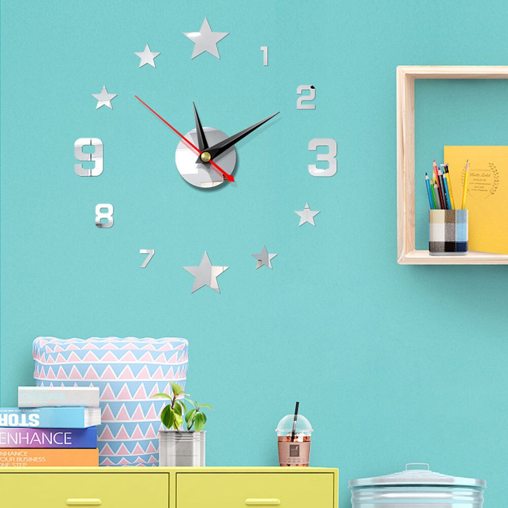 Acrylic wall Clock Home Decorative Wall Clock DIY Strip Rectangular Mirror Wall Sticker: Silver