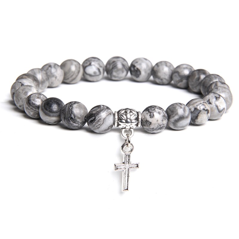 Natuurlijke kaart rhodochrosiet 8mm stenen kralenarmband voor dames, dames, pierre, zilverkleurig, metalen kruis, metalen bedelarmbanden voor dames: 1 kaartsteen / 17cm