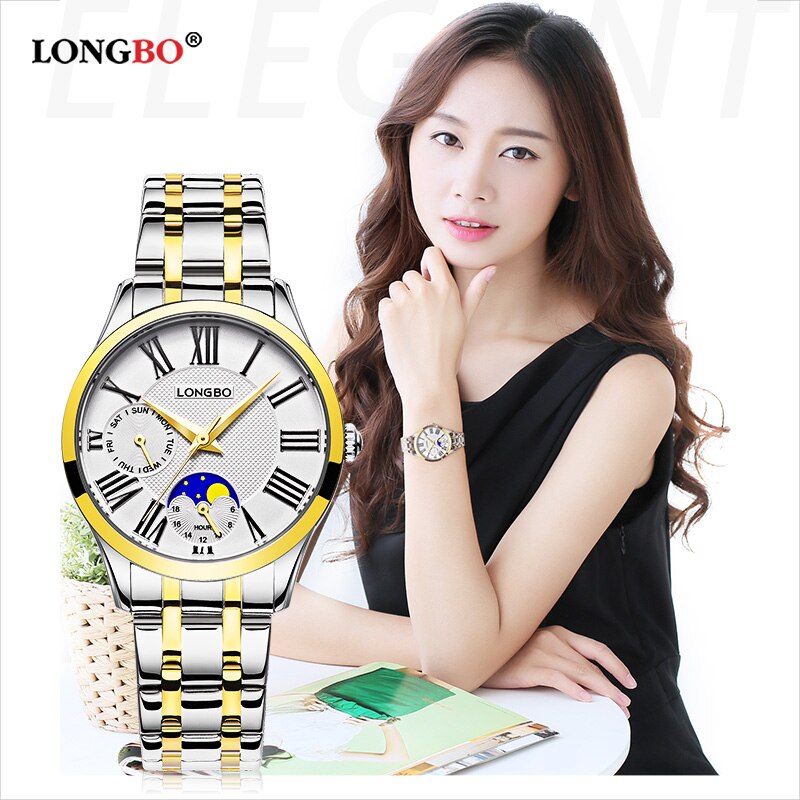 Longbo Quarzuhr Liebhaber Uhren Frauen Männer Paar Analog Voller Edelstahl Geschäft Armbanduhren lässig Gold 1/stücke