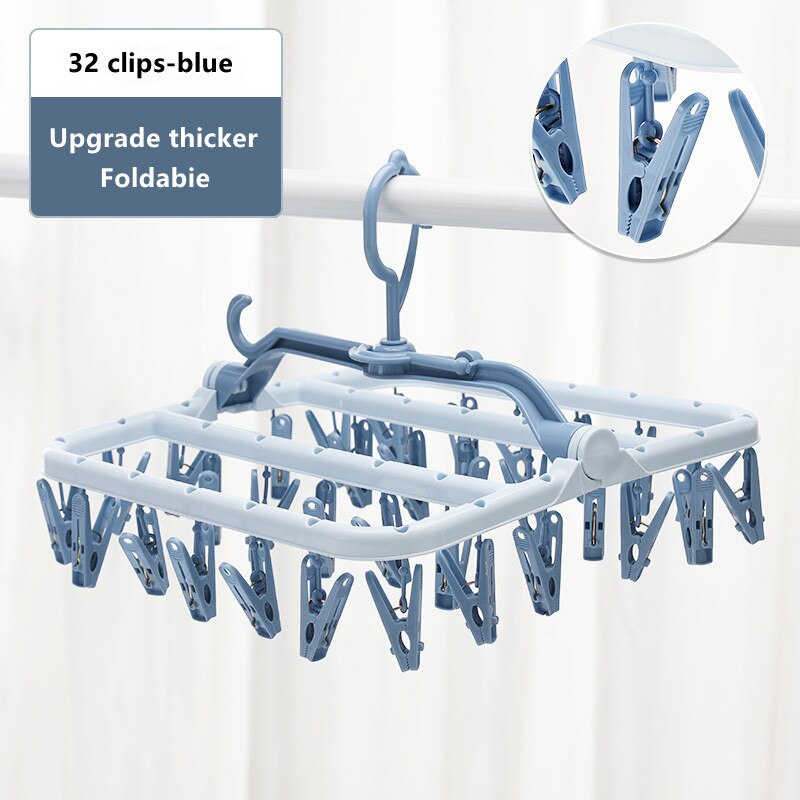 32-Clips Multifunctional Drying Rack, Foldable Side Hanger, Household Socks For Drying, Children's Hanger, Dormitory Drying Rack: blue