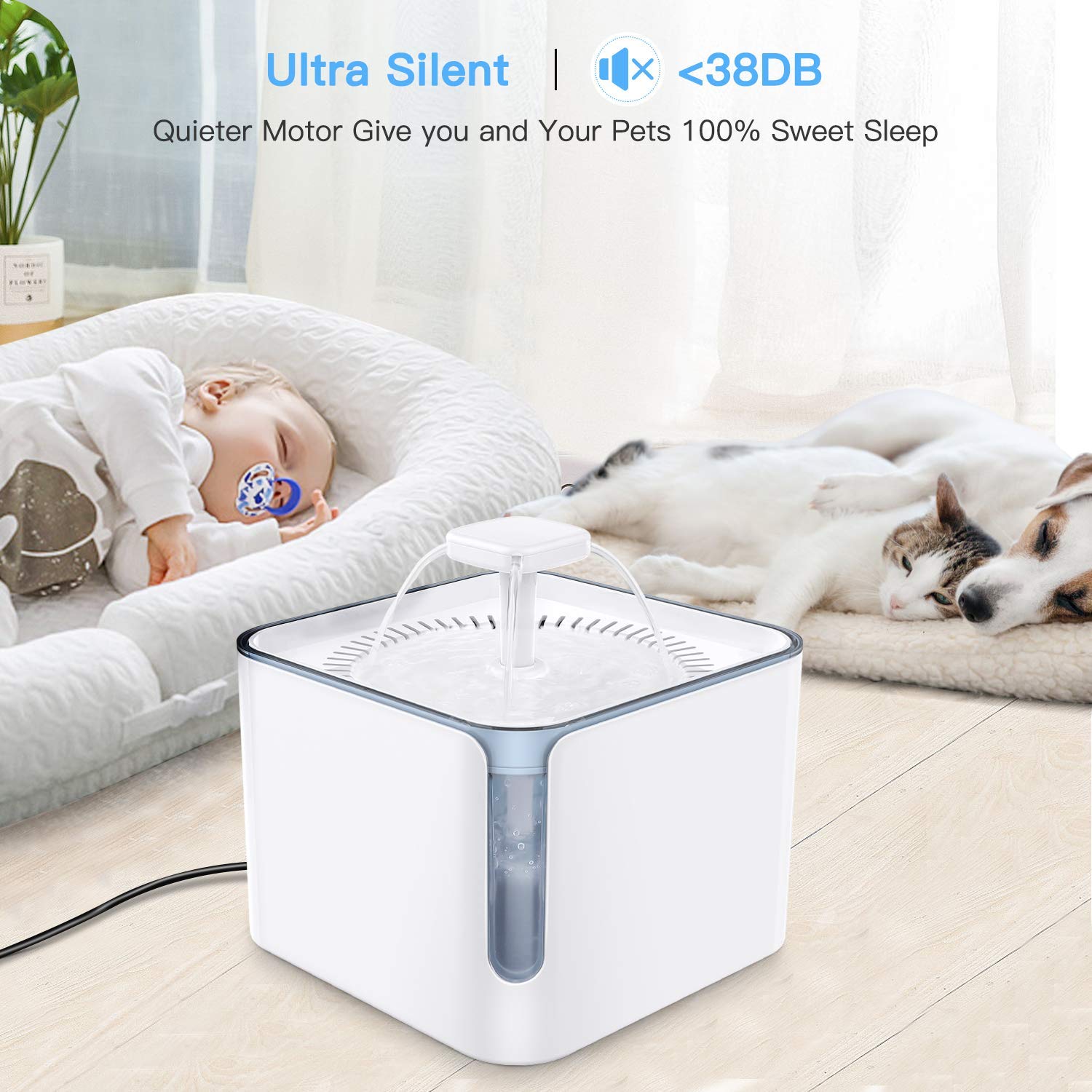 3L Automatic Cat Water Fountain Drinking with View Window Super Quiet Pet Water Dispenser 2 Water Modes Anti-Dry Protection