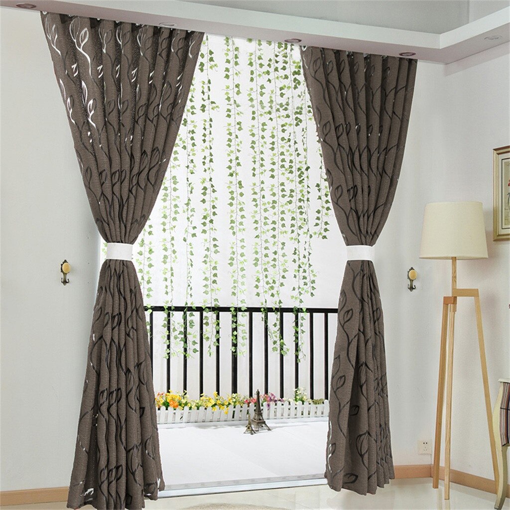 1 Pcs Vines Leaves Tulle Door Window Curtain 100x130cm Drape Panel Sheer Scarf Valances Fly Curtain For Door Beads #LR1: coffee