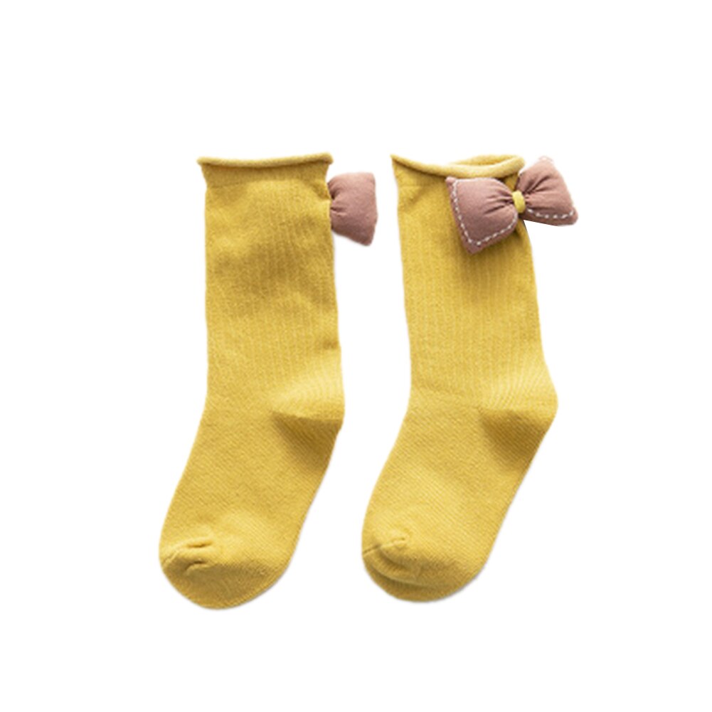 Crianças 3d bowknot meias crianças meninas antiderrapante malha joelho alta meia bonito algodão meados do tubo meias perna sólida mais quente: Amarelo / 1-3Y