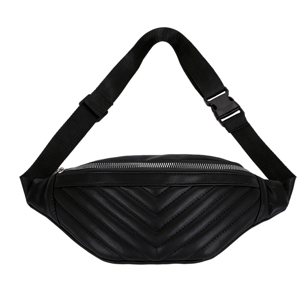 Chest Bag Women Leather Shoulder Bags Women Striped Pockets Diagonal Chest Bag Travel Versatile Zipper Messenger Bag: Black