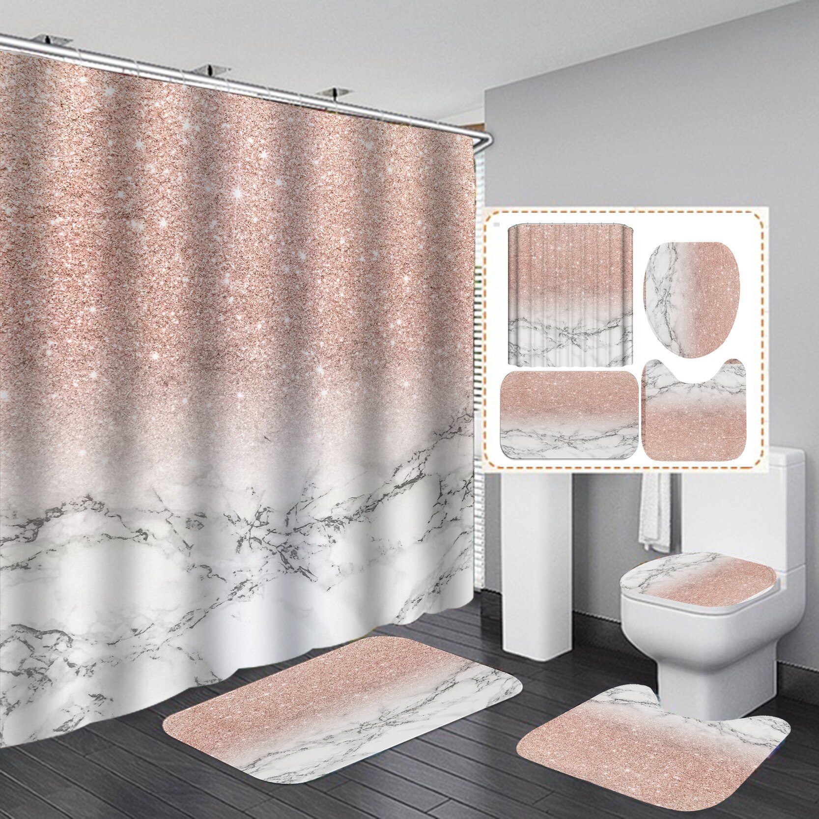 Tenda da doccia in marmo con trama a inchiostro Set da bagno morbido in 4 pezzi lussuoso tessuto in poliestere con stampa grafica con gancio: 2