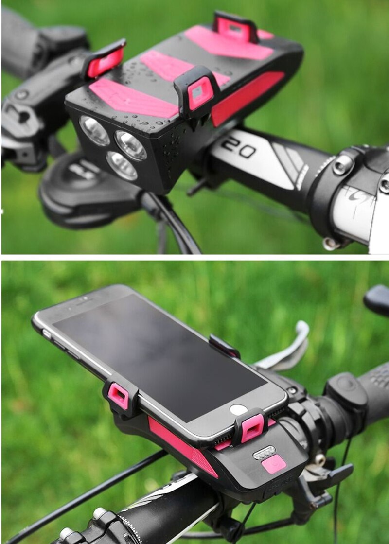 Multi-funktion USB Aufladbare Fahrrad Licht Kopf Lampe Telefon Halfter mit Fahrrad Horn Glocke 4in1 4000mAh MTB Radfahren Vorderseite Licht