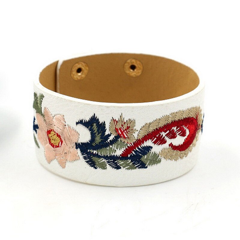 Rainbery Bohème Broderie Fleur Bracelet Manchette Féminine Large PU Cuir Bracelets & Bracelets Femmes Bijoux JB0470: white