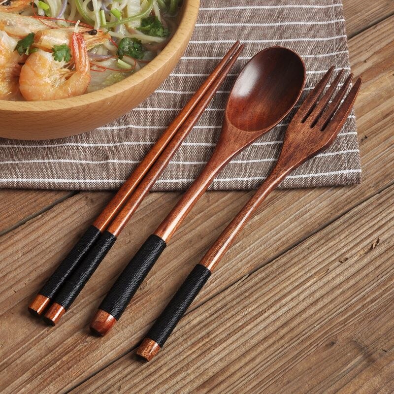 Korean Wooden Tableware Fork Spoon Chopsticks 3-piece Set Solid Wood Long Handle Spoon Chopsticks Portable Tableware