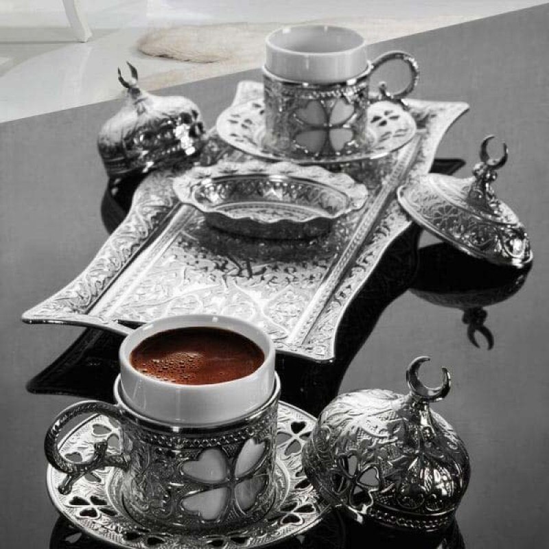 Turkse Koffie Set Arabische Poef Griekse Authentieke Product Met Historische Patroon Espresso Serveren Copper & Silver: Silver Color