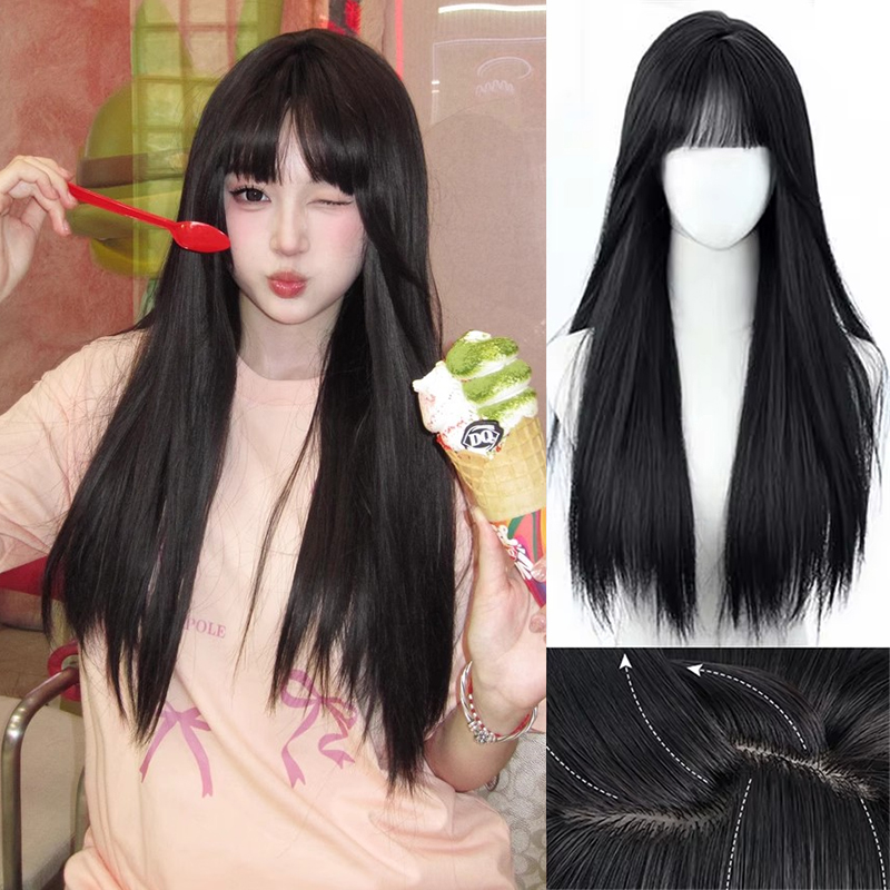 Synthetische 60 cm koreanische schwarze lange glatte Haarperücke synthetische natürliche lange glatte Haare mit Pony Perücke