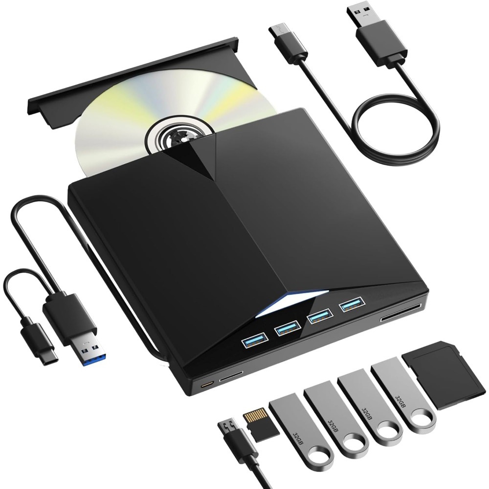 External CD DVD Drive Portable 7 in1 USB 3.0 CD ROM Player Burner CD/DVD Reader and Writer with 4 USB Ports and TF/SD Card Slot