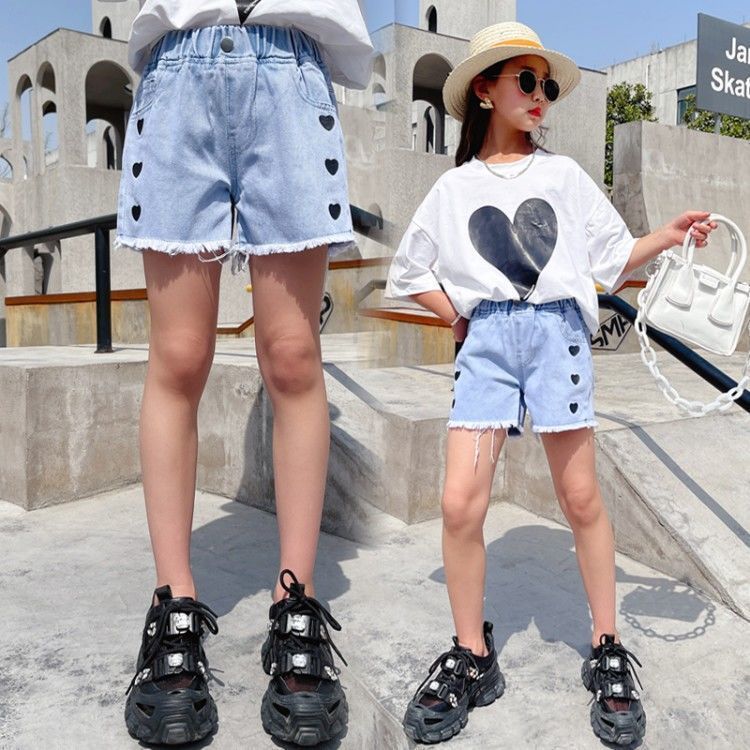 Summer Girls Baby Shorts for Toddler Teenage Jeans Short Children Elastic Waist Denim Pants Cotton Clothes for 4-12Yers: sky blue / 10