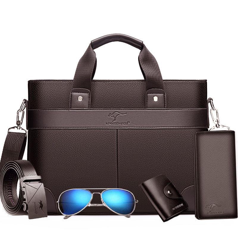 Portable Work Business Office Male Messenger Bag 5pcs/lot Soft Leather Briefcase Laptop Bags Casual Men 2 Set Handbag: B