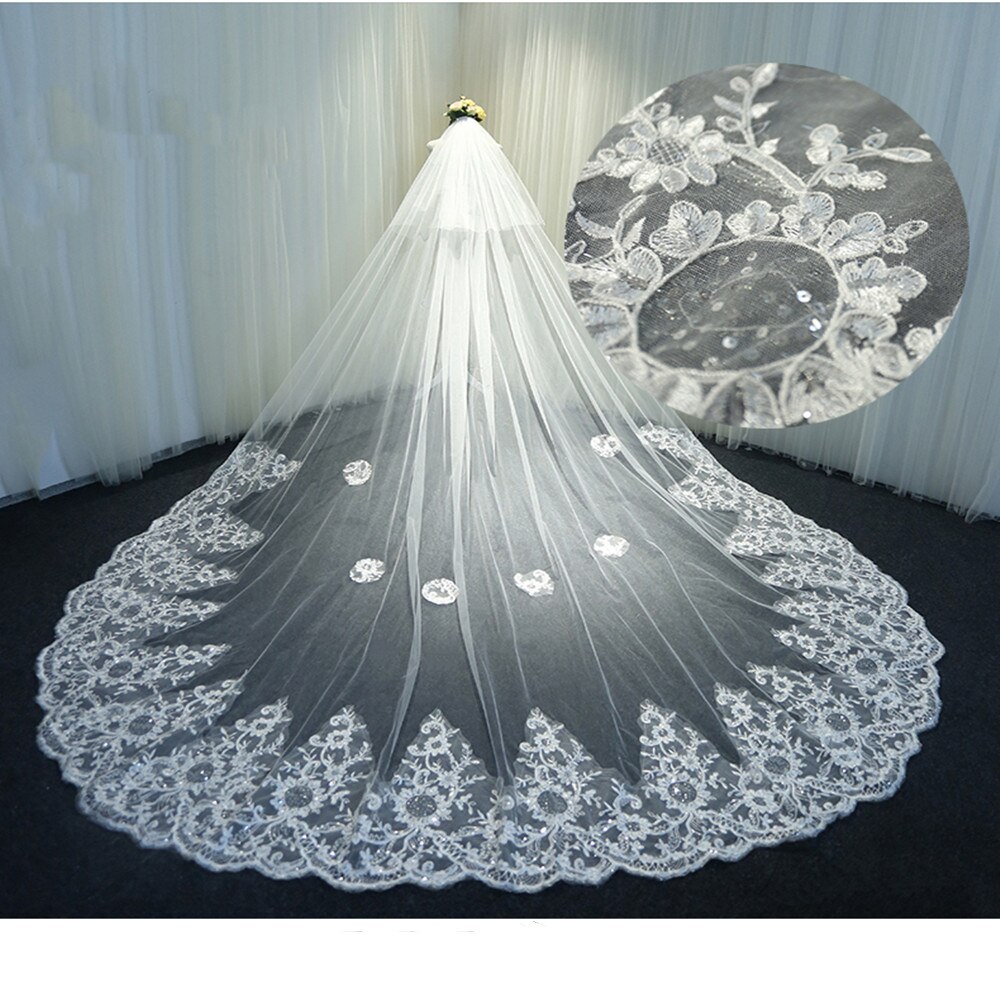 White Ivory Cathedral Wedding Veils Long Two-Layer Lace Edge Bridal Veil with Comb Wedding Accessories Bride Veil Veu De Noiva