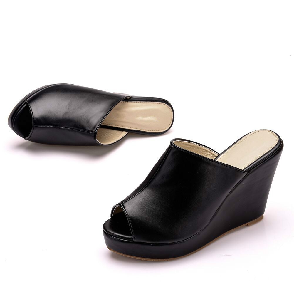 Kvinner sandaler sko slip-på kiler 10cm hødu hæler grynte pip tå 2cm plattform sklisikre kvinnelige tøfler pumper sko pluss str.: Svart / 6