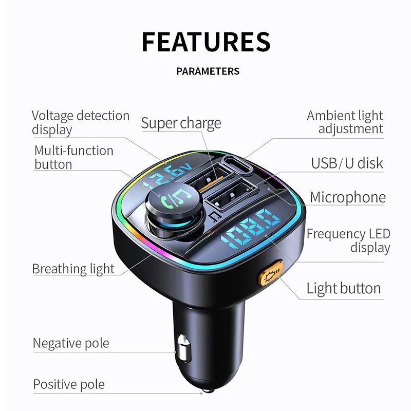 Bluetooth 5.0 FM-Transmitter Freisprecheinrichtung Autoradio Modulator MP3-Player mit 22,5 W USB Super Quick Charge Adapter für Auto