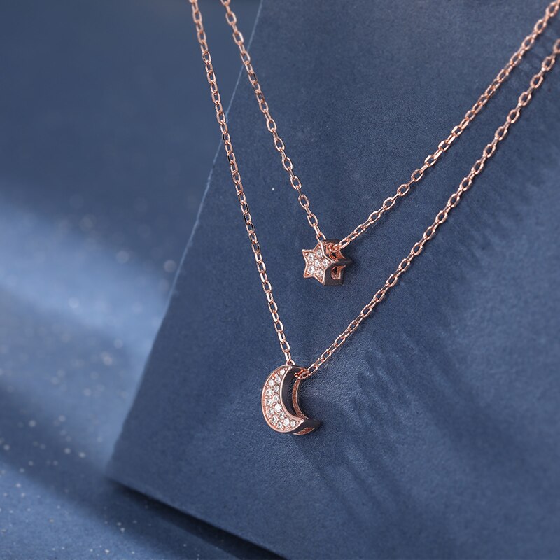 ANENJERY 925 Sterling Silver Star Moon Necklace for Women Double Layer CZ Clavicle Chain Jewelry S-N233: Rose Gold Color