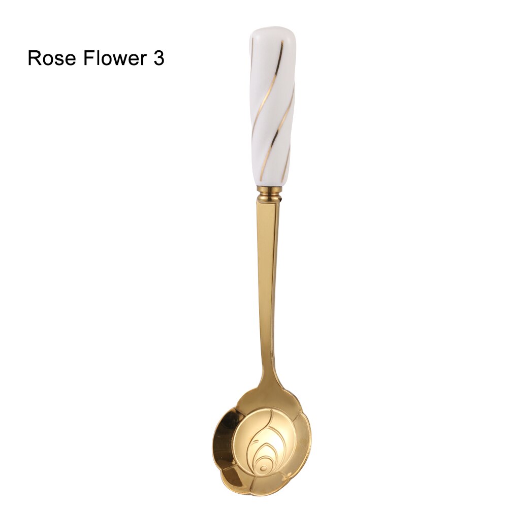 Rvs Koffie Lepel Keramische Handvat Theelepels Bestek Lepel Ijs Suiker Bestek Goud Keuken Tool: Rose Flower 3