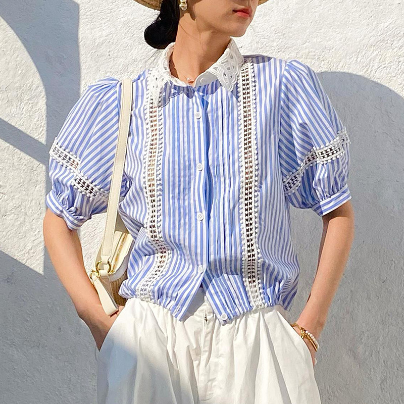 Fransk stil randig blus blå kvinnor vit bomull spets chic ihålig sexig casual sommar damer toppar skjortor: L / Blå