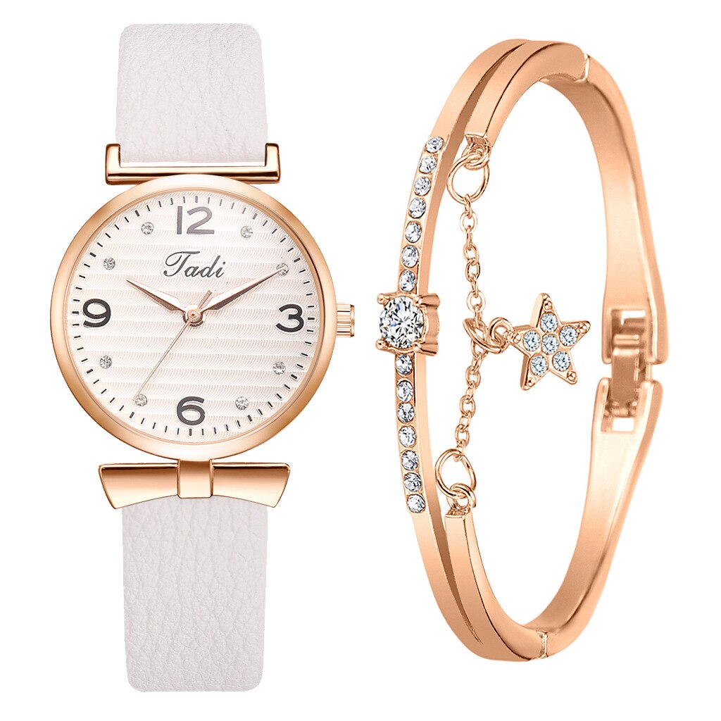 Top Brand Dress Female Watches Simple Rhinestone Woman's Watch Bracelet Set 2PCS Leather Ladies Wristwatch reloj mujer: white Set