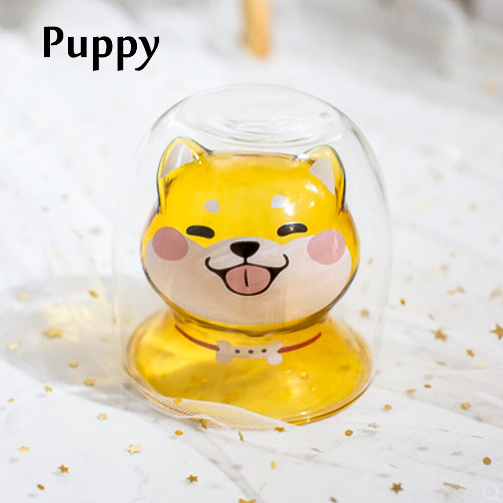 3D 2-Tier Double Wall Glass Cup Coffee Mug Panda Shiba Inu Water Bottle Heat-Resistant Tea Cup Milk Lemon Juice Cup Drinkware: Yellow puppy