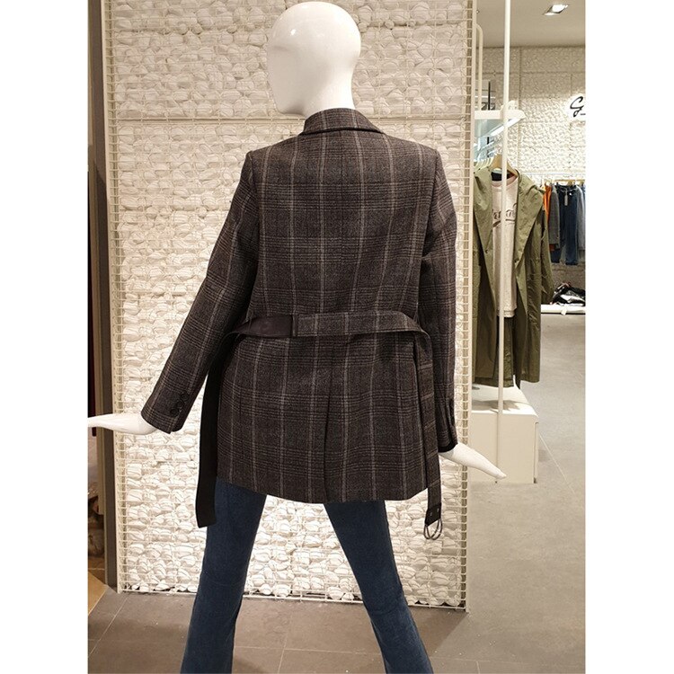 Blazer en vichy Chic à carreaux avec ceinture, manches longues, costume mi-longues pour femme, de bureau, printemps-automne coréen, collection