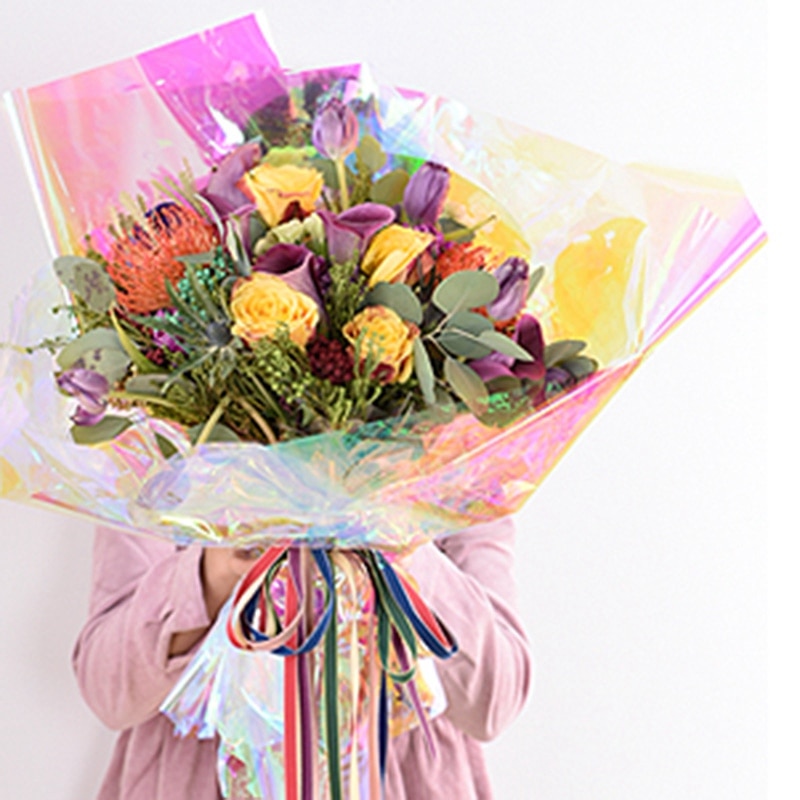 ABUI-Rainbow Cello Flower Floral Wrapping Paper Candy Cake Cookie Packaging Craft Packing Colorful Cellophane Roll