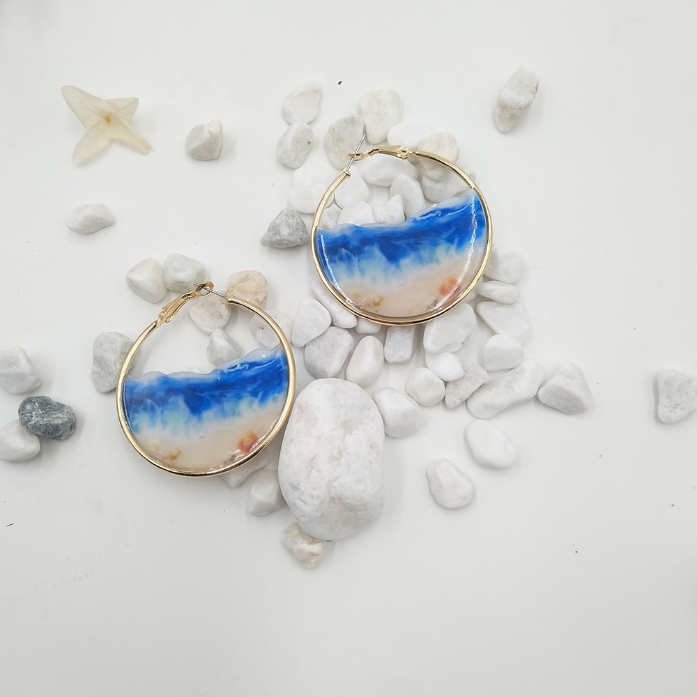 Fairy Blue Ocean Hoop Earrings Sea Earrings Female Beach Earrings Enamel Sea Shell Big Circle Earrings Summer Jewelry