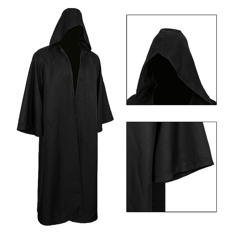 Camisa larga de bruja con capucha, bata negra, capa de Halloween, disfraces de Cosplay para adultos y niños, capa de juego de fantasma aterrador