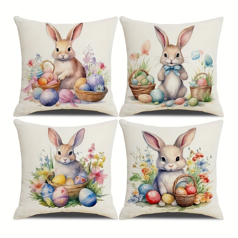 Happy Easter Pillow cover Home Party Celebration Decoration Cute Rabbit Flower and Egg Pattern Sofa Cushion Cover