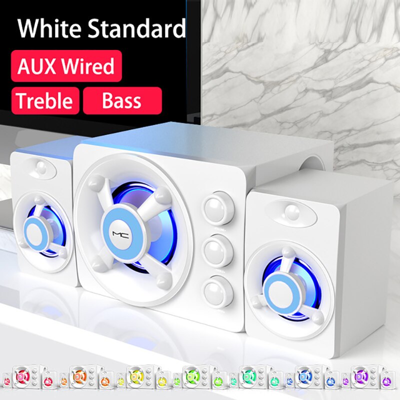 LED Computer Combination Speakers AUX USB Wired Wireless Bluetooth Audio System Home Theater Surround SoundBar for PC TV: White Wired Standard