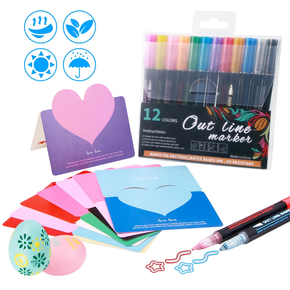12pcs Outline Metallic Marker Pen Doodle Markers Double Line Magic Shimmer Paint Pens With 8 Small Cards