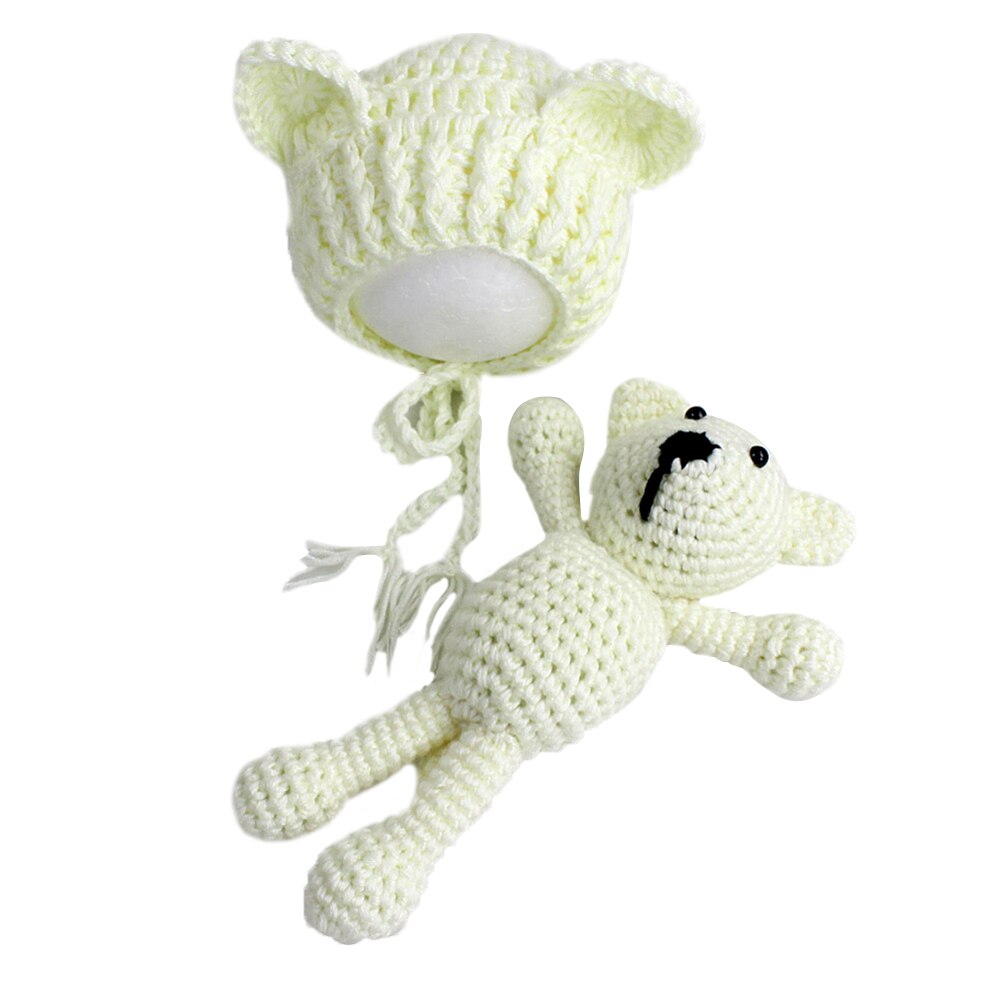 Baby Photography Props Cute Bear + Hat Photograph Set Crochet Bear Hat Cap Costume Photo Props Knit Caps: White