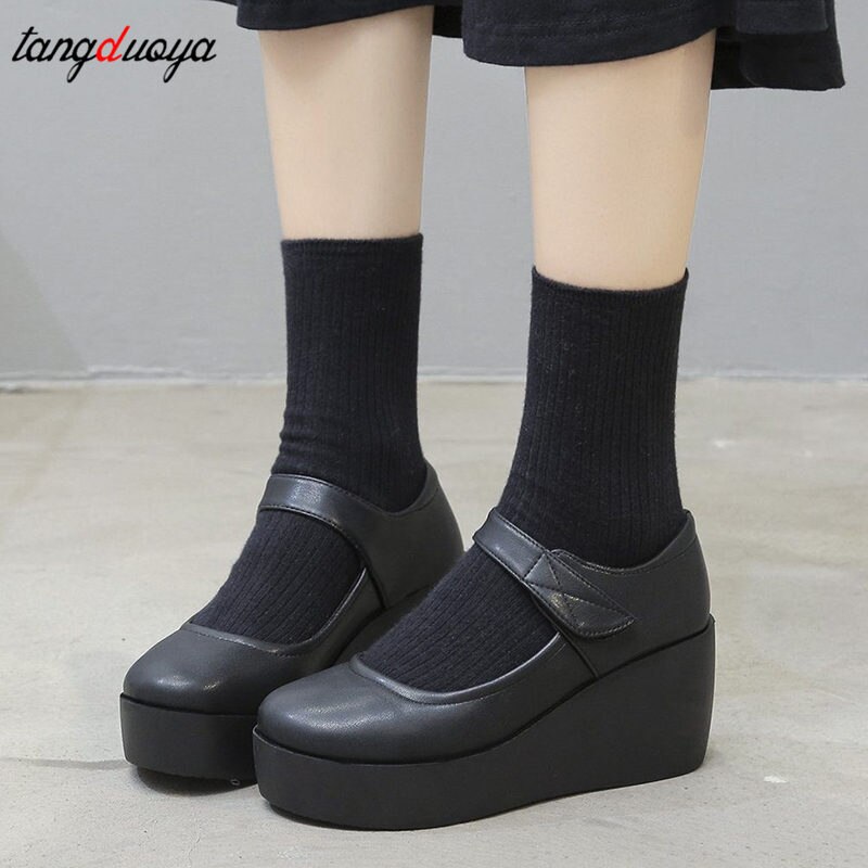 Lolita Shoes platform wedge shoes For Women Black Retro British Style