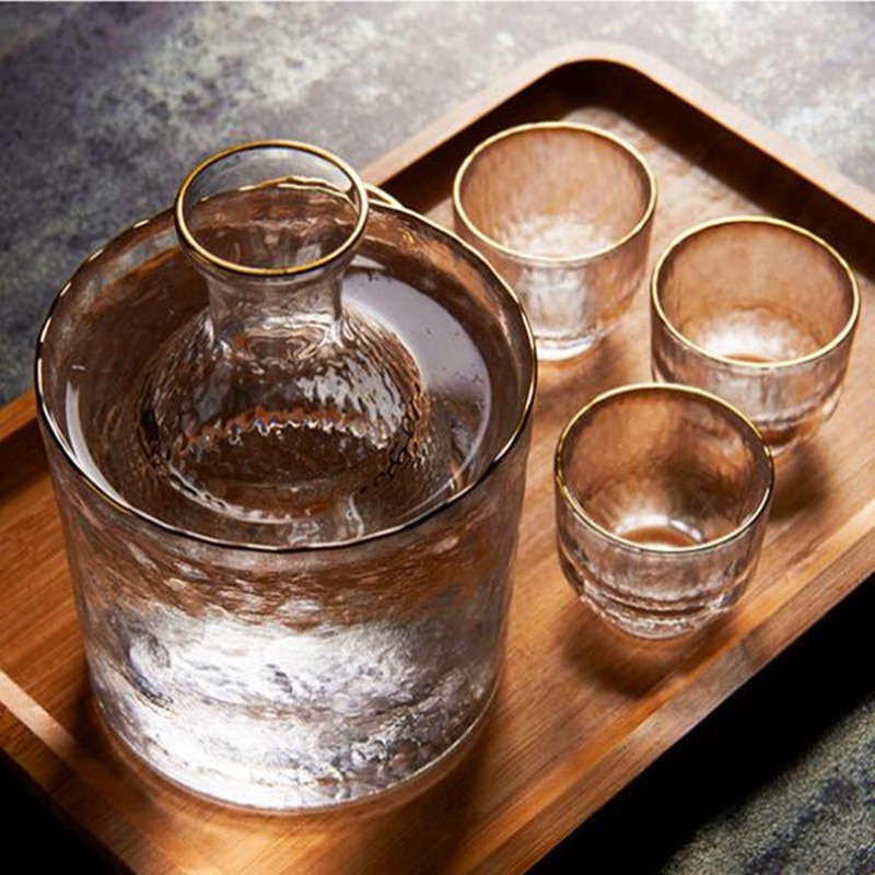 Japanese Sake Pot Set Golden Edge Glass Sake Bottle Set Rice Wine Vodka Wine Cup Flasks Liquor Glasses Barware Wedding