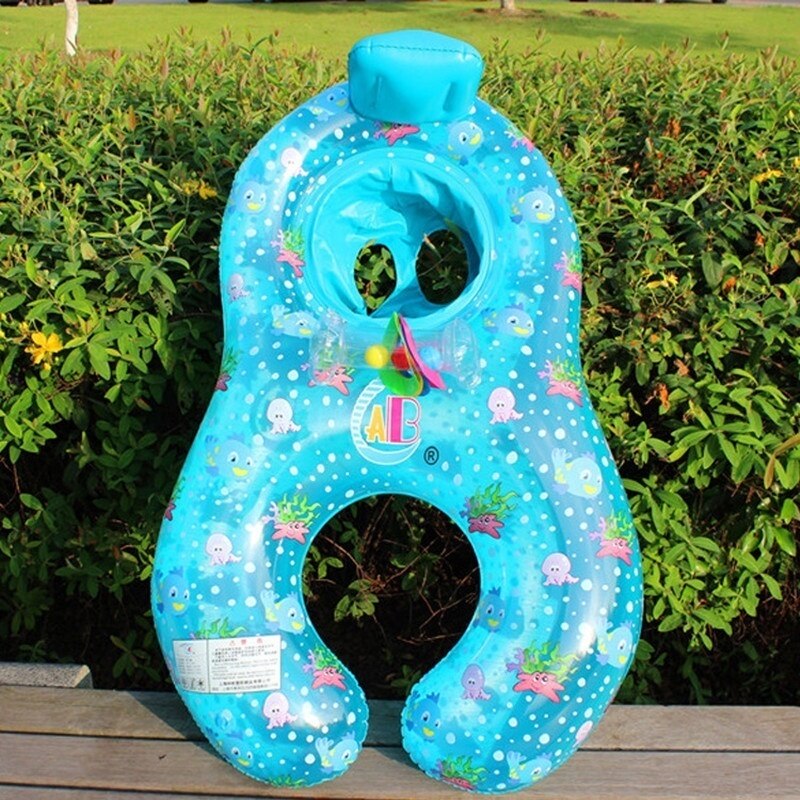 Inflatable Baby Swimming Ring Mommy Baby Parent-Child Double Person Float Seat Swimming Boat with Removeable Sun Canopy: Skyblue no sunshade